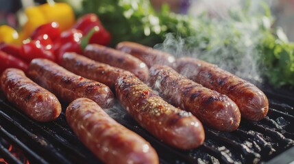 Fototapeta premium A detailed view of sausages being prepared for a barbecue, with close-up shots of the raw links, seasoning, and a background of fresh vegetables.
