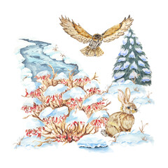 Hare, rabbit, owl in forest among the fir trees in clearing in the snow under the bush. Watercolor winter illustration, hand-drawn landscape. Fairytale scene in nature. River with snow-covered banks