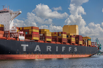 Cargo ship with containers and the word TARIFFS on its side, symbolizing global trade, export...