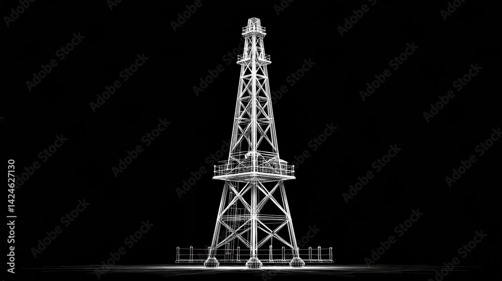 Poster 3D Wireframe Model of an Oil Rig Displaying Intricate Structure on a Black Background at Night