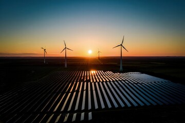 Windmill turbines generating green energy electric.Solar panels park and wind turbines at sunset.Green energy reduce carbon emissions and makes earth cleaner and more ecological.