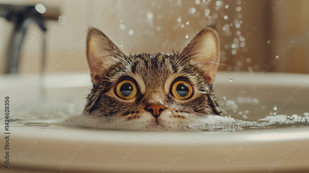 Poster A dynamic shot of a cat's first bath experience, with a mix of curiosity and apprehension as it explores the bath environment, capturing the learning process.