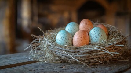 Obraz premium Colorful eggs in a rustic nest
