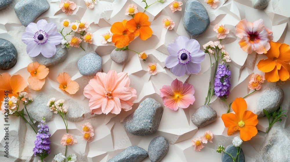 Poster variety of stones and flowers arranged artfully on a soft background during a creative design sessio