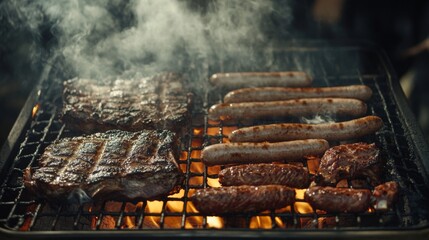 A dynamic shot of a sizzling barbecue grill with various meats, such as sausages, steaks, and ribs, cooking over an open flame, with smoke rising.