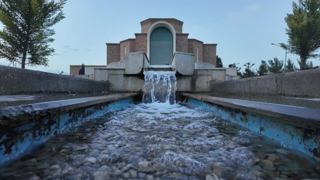 Modern Water Fountain with Stone Structure in an Urban Setting in Damghan Iranian Garden
