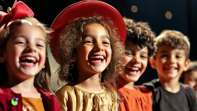 Children in colorful costumes laughing together on stage performance
