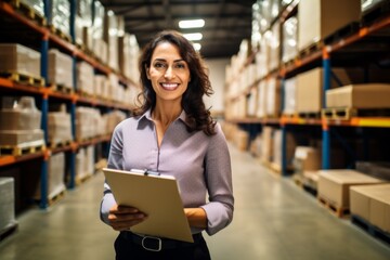 Middle aged businesswoman smiling holding a clip board in a distribution warehouse