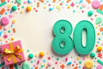 Greeting card for 80 years. Celebrate an 80th birthday with colorful confetti and a wrapped gift.