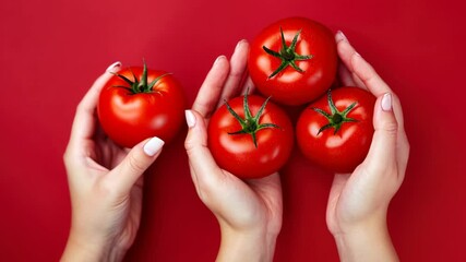Hands holding fresh tomatoes on red background for food and organic content