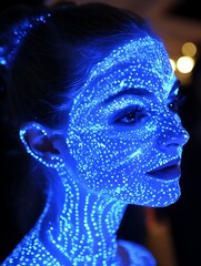 Woman's face, lit with glowing dots