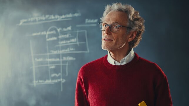 A thoughtful senior professor contemplates complex diagrams on a chalkboard, lost in academic thought.
