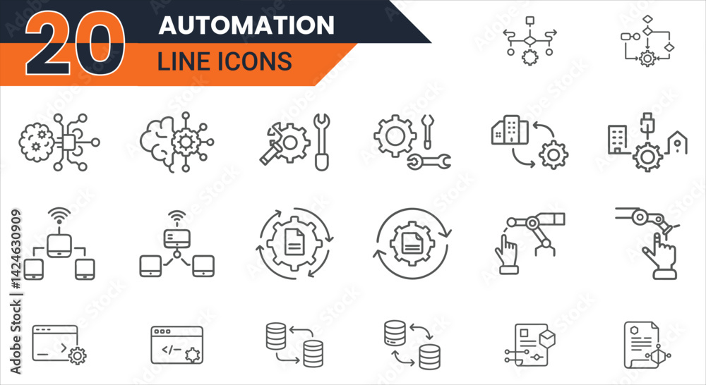 Poster 20 automation line icons vector set representing workflow, robotics, ai, process optimization, and d