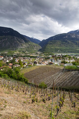 La bourgade de Sierre au milieu du vignoble au printemps avec le village de Muraz, le Val d'Anniviers dans les Alpes en arri&egrave;re plan