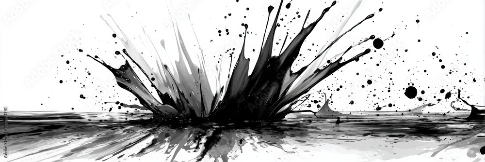Poster dynamic black paint splash on white surface simulating an oil burst during a creative artistic proce
