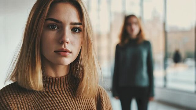 Young caucasian female in thoughtful pause with blurred figure behind