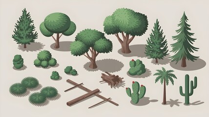 Collection of Cartoon Trees and Plants in Flat Design Style