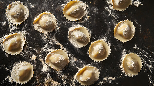 A flat layout of ravioli spread evenly on a dark textured background, with flour dusting adding contrast.
