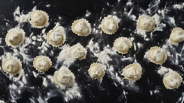 A flat layout of ravioli spread evenly on a dark textured background, with flour dusting adding contrast.