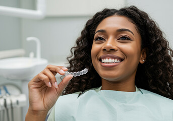 Smiling woman holding clear aligner braces in dental clinic shows her perfect teeth and orthodontic treatment for beautiful smile and dental care