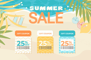 Summer sale banner with templates of voucher coupon.Sea, beach,tropical leaves and gift coupon.Template discount coupons tickets card for web,design,social media,business promo,online purchases.Vector