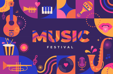 Summer music festival. Musical fest party,concept of live music event, jazz and rock concert.Music poster with instrument. Template for banner, flyer,invitation, card, social media post, cover.Vector