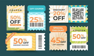 Set of discount offer coupons.Gift vouchers,sale tickets template with cutting dashed lines,qr code.Shopping savings promotion coupon.Design for web,social media,business promo,online purchases.Vector