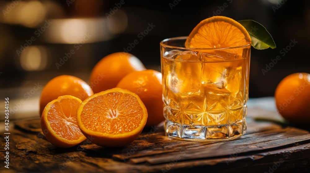 Poster a high-resolution photo of whole oranges and a glass of on a wooden table, with fresh oranges sliced