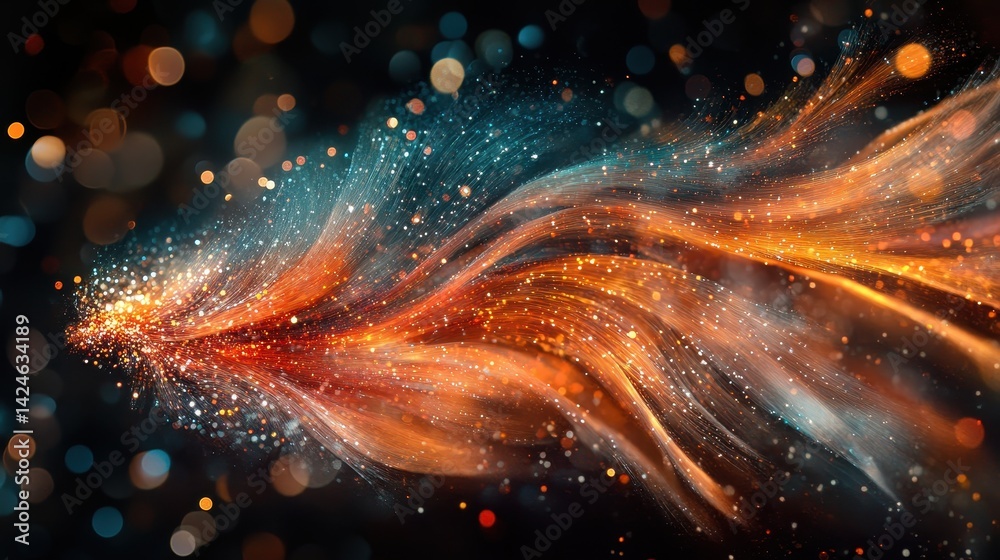 Poster Colorful abstract swirl of light particles creating a vibrant and dynamic visual representation of energy movement in a dark setting