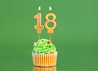 Number 18 birthday candle - Cupcake on a green background