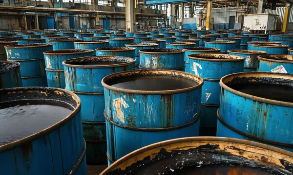 Hazardous Waste Storage: Rows of Rusty Barrels Filled with Dark Liquid in Abandoned Factory