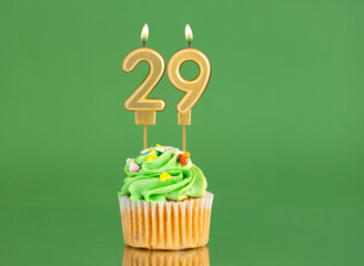 Birthday card with candle and cupcake - Number 29 on a green background