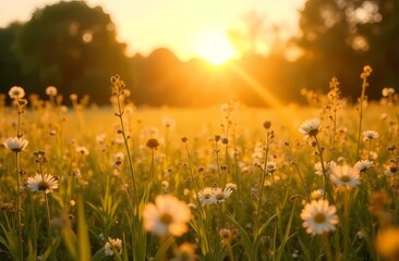 Flower meadow with sun rays and bokeh - nature background banner with copy space, summer/spring, greeting card, wildflowers, summer/spring flowers. Summer Solstice.