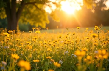 Fototapeta premium Flower meadow with sun rays and bokeh - nature background banner with copy space, summer/spring, greeting card, wildflowers, summer/spring flowers. Summer Solstice.