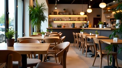 Elegant restaurant with cozy atmosphere and plants in a modern cafe - warm atmosphere
