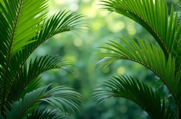Fototapeta premium Palm leaves on green background with copy space. Summer theme.