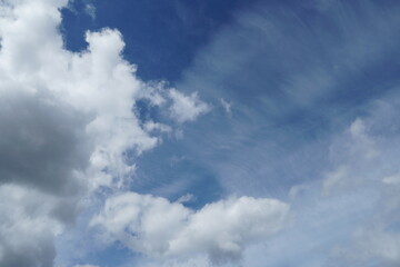 White fluffy clouds in the sky. Blue sky and cloud cover on a sunny summer day. Empty background, copy space