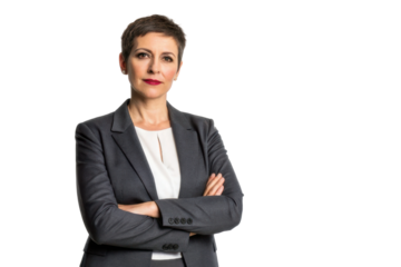 Confident businesswoman in professional attire with crossed arms and a serious expression in a corporate setting