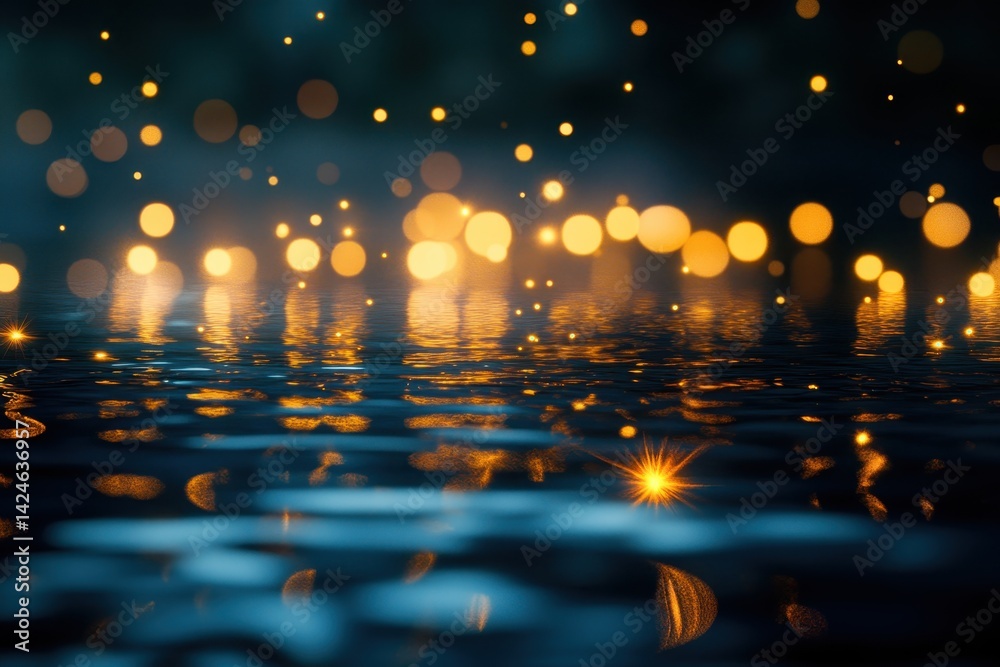 Aufkleber Sunset reflections create a mesmerizing golden bokeh effect on the water's surface during the evening at a tranquil lakeside