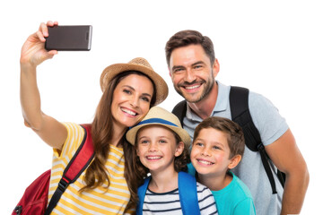 Family enjoys a fun and memorable moment with a smartphone selfie during summer vacation trip