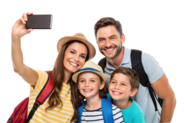 Family enjoys a fun and memorable moment with a smartphone selfie during summer vacation trip