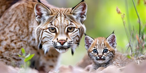 adult bobcat with baby cub