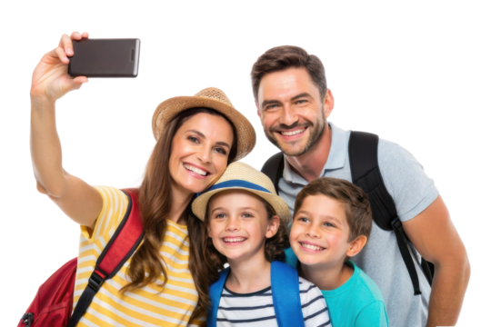 Family enjoys a fun and memorable moment with a smartphone selfie during summer vacation trip