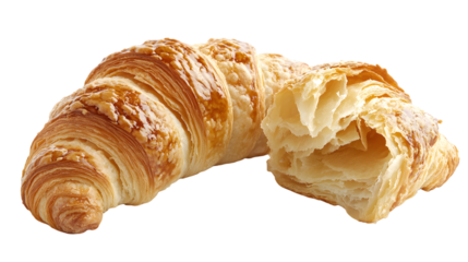 A buttery croissant split on white background