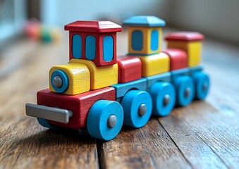 Wooden Train Toy on Wooden Floor