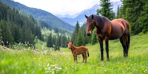adult horse with baby calf -