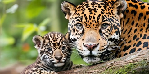 adult jaguar with baby cub