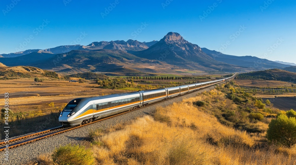 Poster a sleek high-speed train speeding through a rural landscape, with mountains in the background and cl