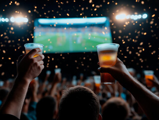 Celebration of sports enthusiasm with cheers and drinks in a lively atmosphere during a match event concept