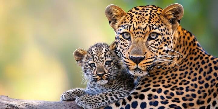 adult leopard with baby cub